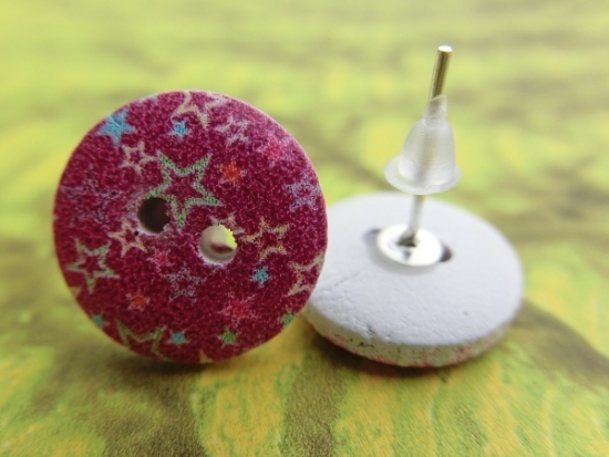 Preview: Holzknopf Ohrstecker Pink Punk Stern Button